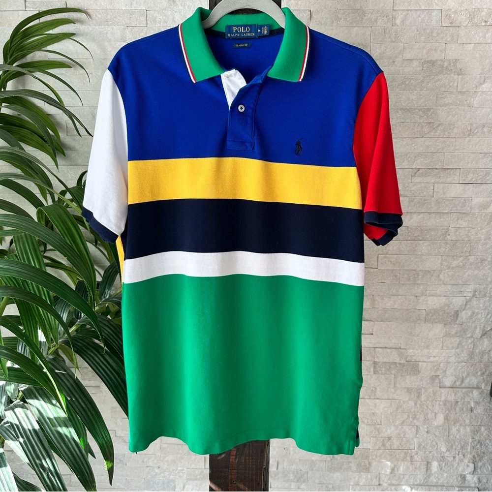 POLO Ralph Lauren Classic Fit Blue Green Yellow Color Block Polo Shirt Size M